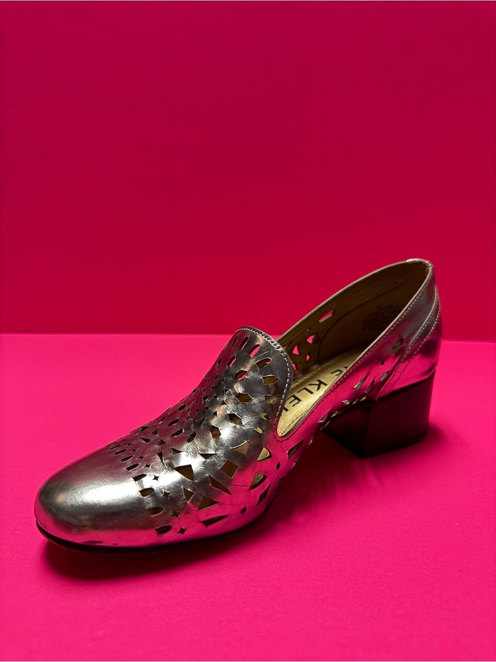 Anne Klein Metallic Silver Laser-Cut Block Heel Pump